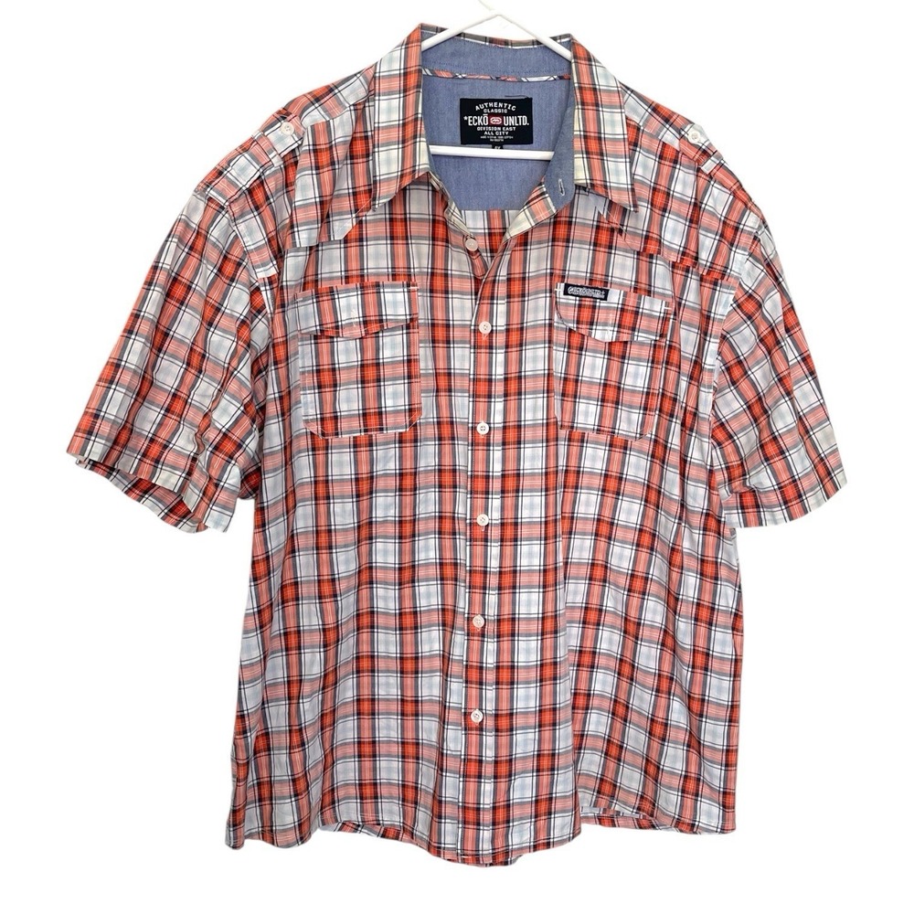 Ecko Unltd 4X Orange Plaid Button Down Short Sleeve Epaulet Utility Skater Y2K